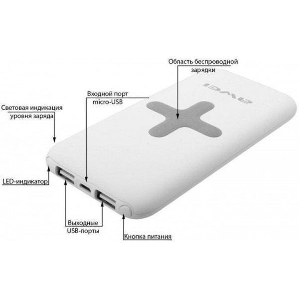Power Bank AWEI P98K (Беспроводная зарядка) 8000 mAh. Цвет: белый