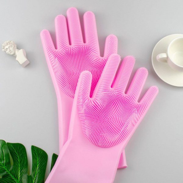 Силиконовые перчатки Magic Silicone Gloves Pink для уборки чистки мытья посуды для дома. Цвет: розовый — изображение 7