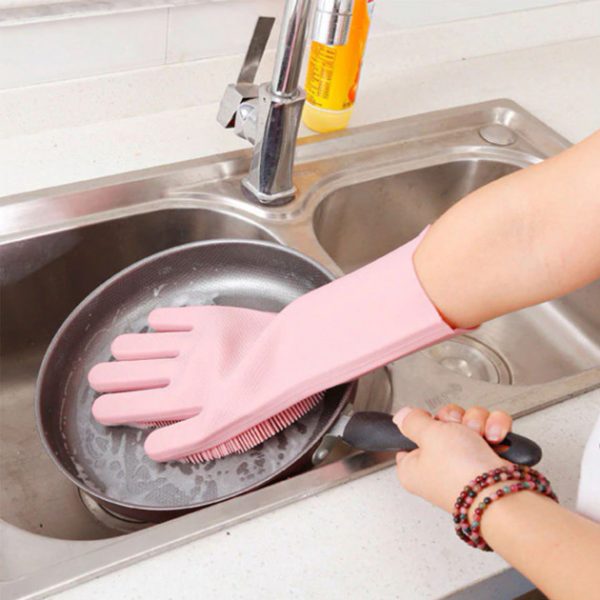 Силиконовые перчатки Magic Silicone Gloves Pink для уборки чистки мытья посуды для дома. Цвет: розовый — изображение 2
