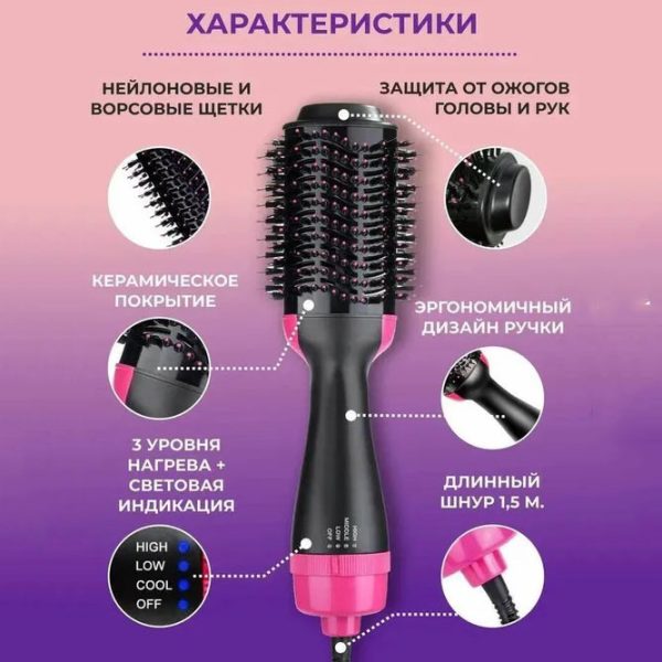 Фен Щетка расчёска 3в1 One step Hair Dryer 1000 Вт 3 режима выпрямитель для укладки волос стайлер с функцией ионизации — изображение 28